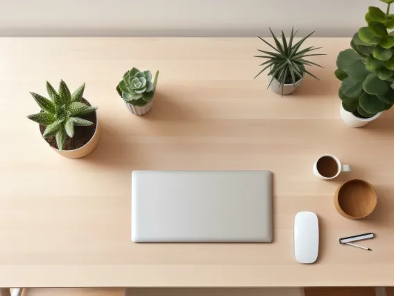 Computer closed on wooden desk with cacti around it