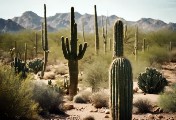 Cacti around a desert view with mountains in the background