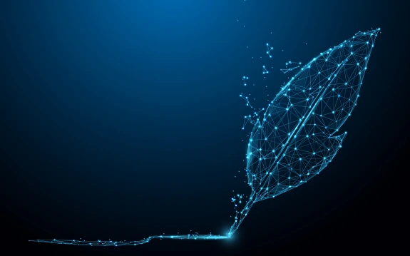 Blue quill made out of technology writing in the air on a darker blue background